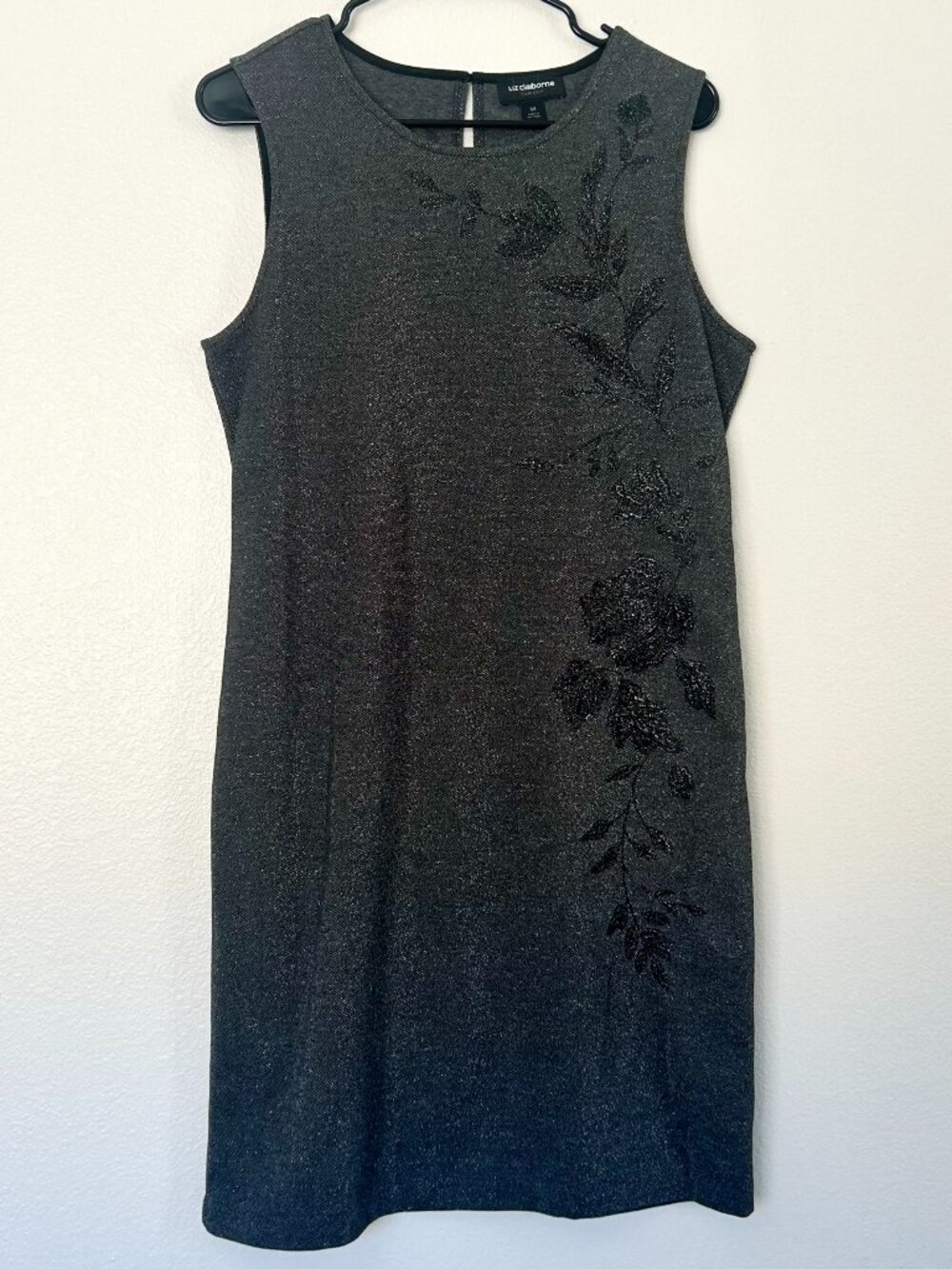 Liz Claiborne Beaded Floral Shift Dress Charcoal Gray Metallic Knit Medium